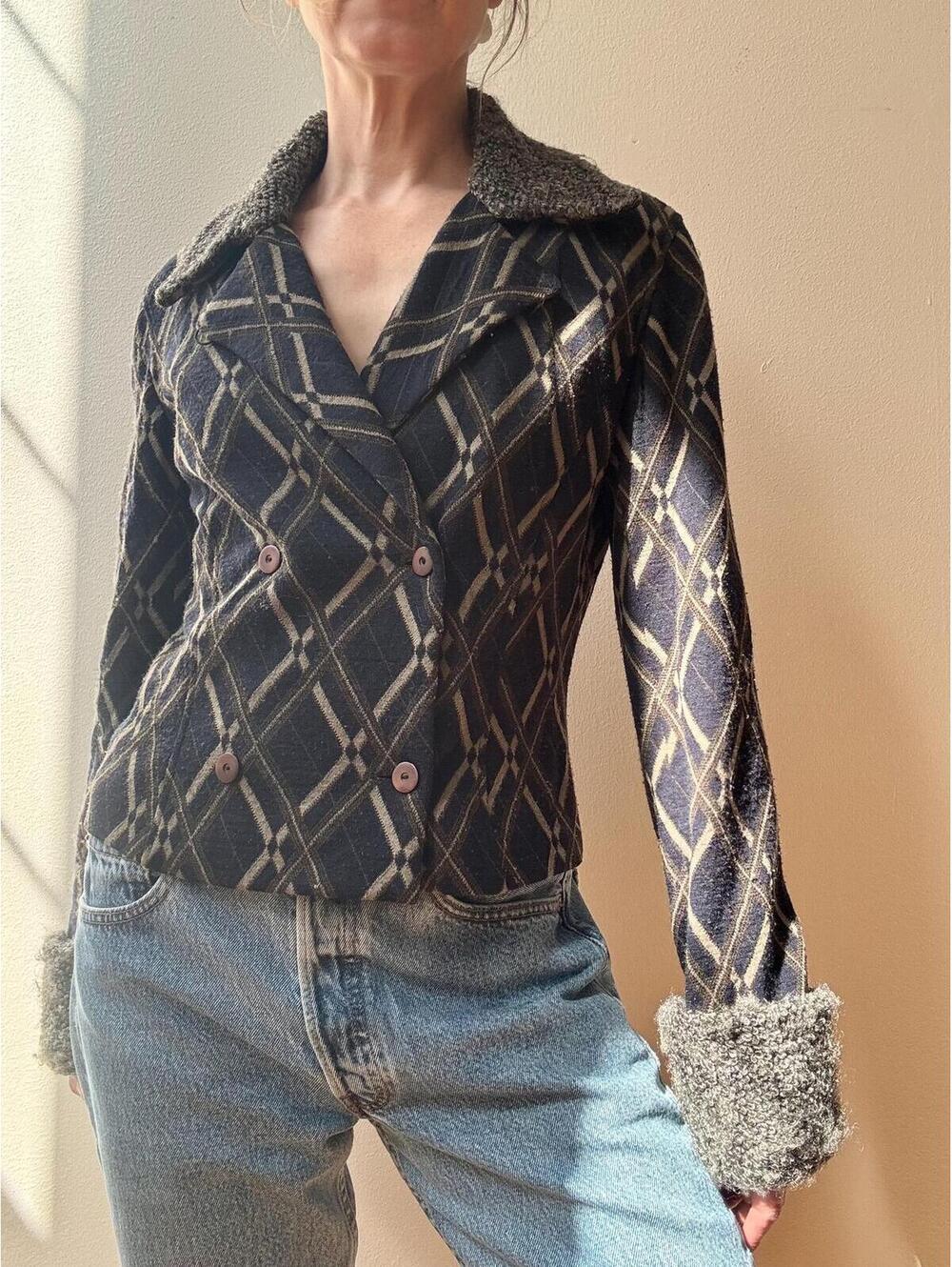 1990s Kenzo Knit Plaid Cropped Jacket